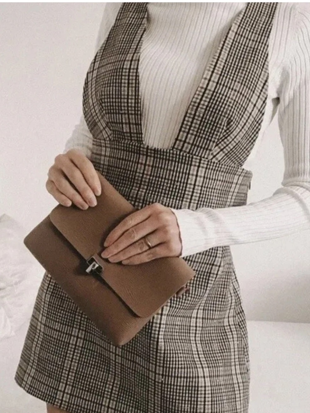 ZARA Houndstooth Plaid Sequin Jumper Dress Beige Brown Size S